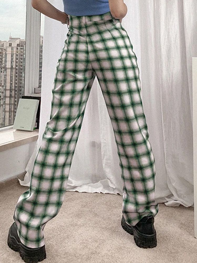 Femmes Plaid Print Hight Waist Zipper Fly Suit Pantalon Pantalon Large