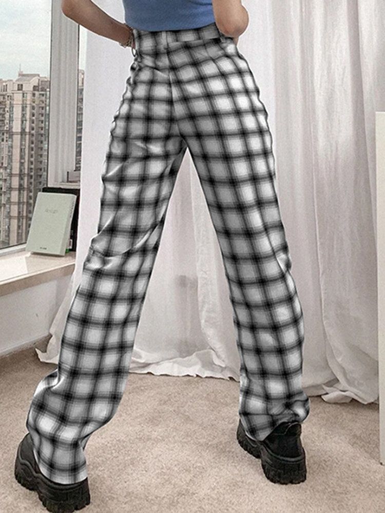 Femmes Plaid Print Hight Waist Zipper Fly Suit Pantalon Pantalon Large