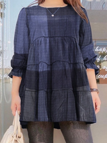 Femmes Plaid Puff Sleeve Lâche Épissage O-cou Plissé Plain Casual Blouses