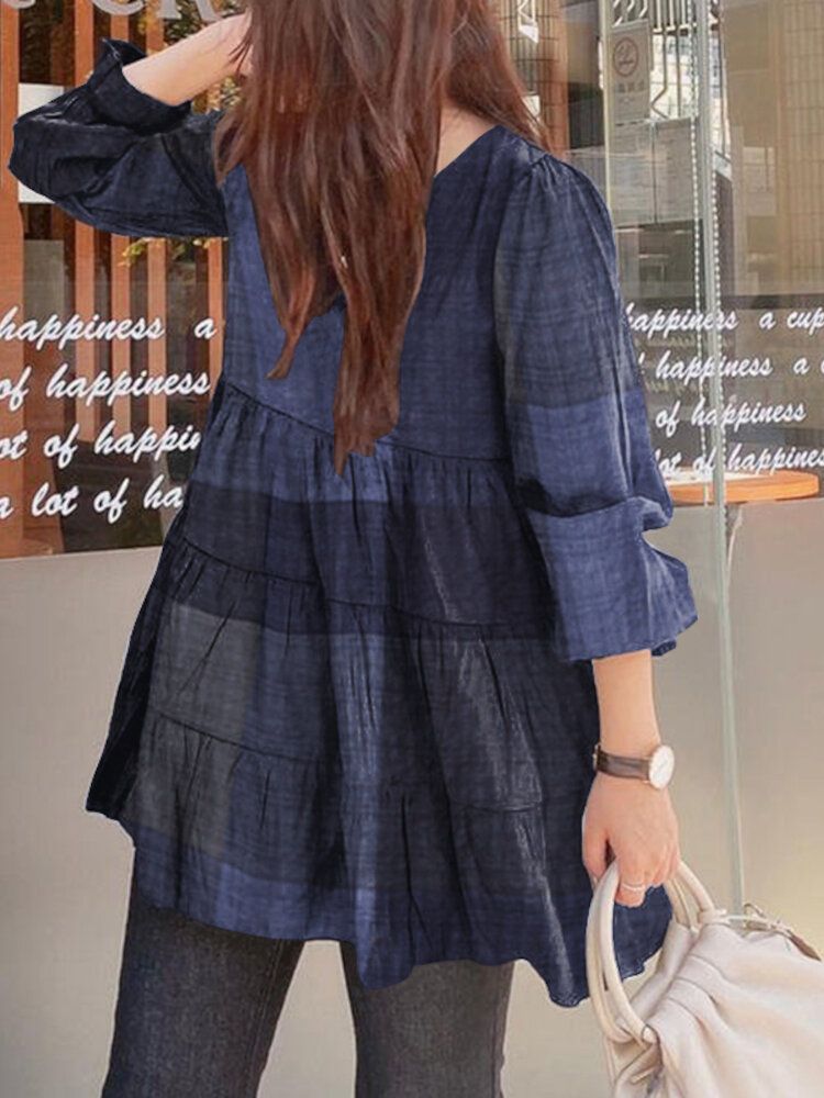 Femmes Plaid Puff Sleeve Lâche Épissage O-cou Plissé Plain Casual Blouses