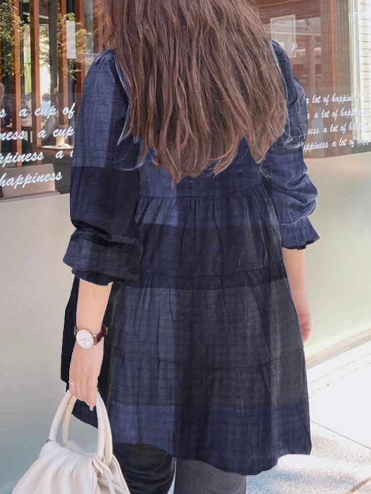 Femmes Plaid Puff Sleeve Lâche Épissage O-cou Plissé Plain Casual Blouses