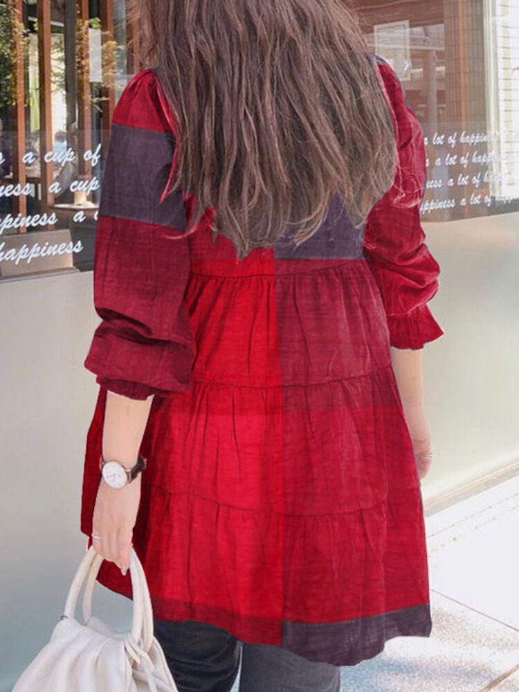 Femmes Plaid Puff Sleeve Lâche Épissage O-cou Plissé Plain Casual Blouses