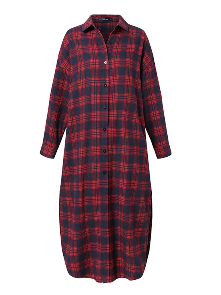 Femmes Plaid Rétro Bouton Poignets Split Poches Latérales Revers Manches Longues Chemise Robe Cardigan