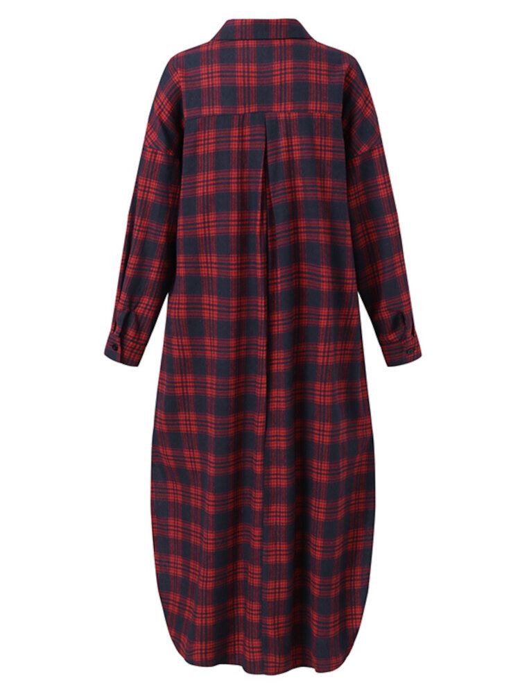 Femmes Plaid Rétro Bouton Poignets Split Poches Latérales Revers Manches Longues Chemise Robe Cardigan