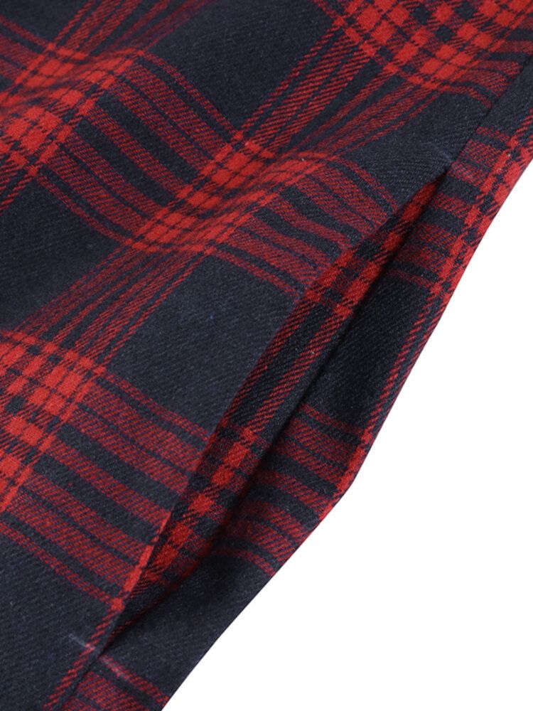 Femmes Plaid Rétro Bouton Poignets Split Poches Latérales Revers Manches Longues Chemise Robe Cardigan