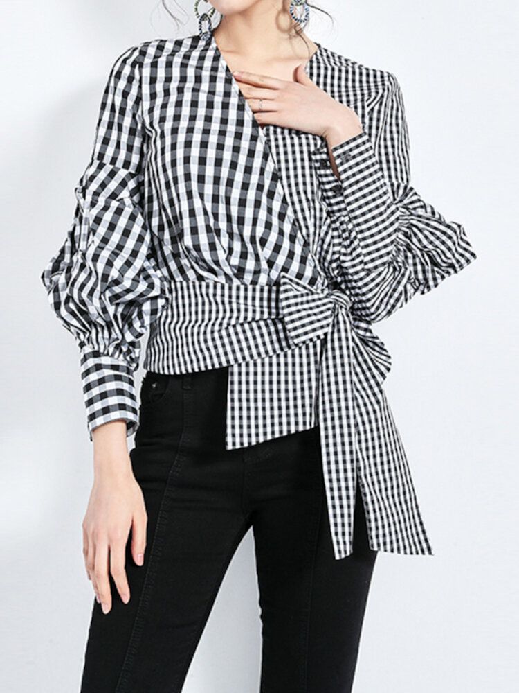 Femmes Plaid Stitching Wrap Lace Up Long Sleeve High Low Casual Blouses