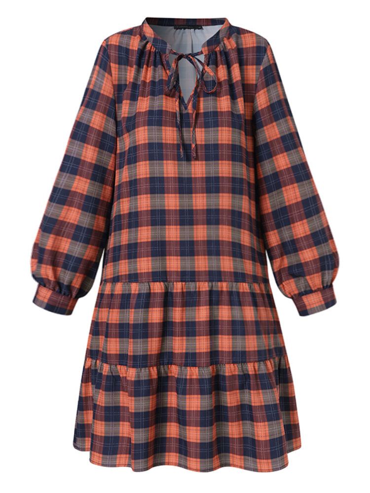 Femmes Plaid Tiered Ruffle Tie Col En V Décontracté Manches Longues Mini Robes