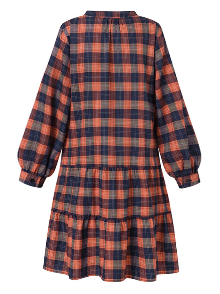 Femmes Plaid Tiered Ruffle Tie Col En V Décontracté Manches Longues Mini Robes