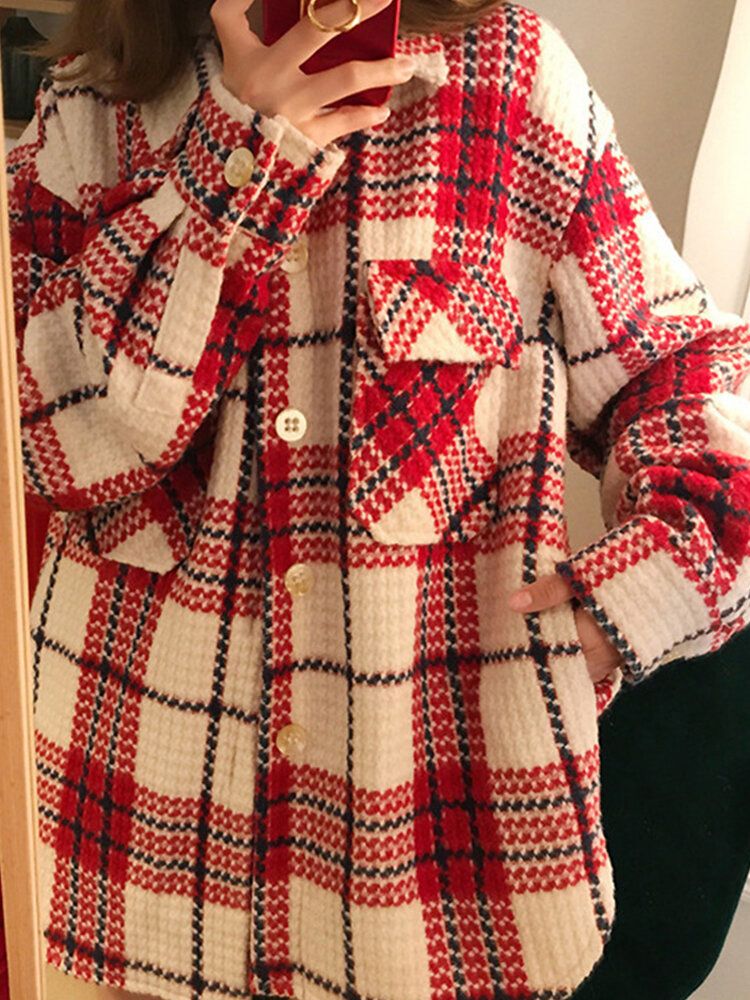 Femmes Plaid Warm Chest Double Pocket Long Sleeve Single-breasted Coats