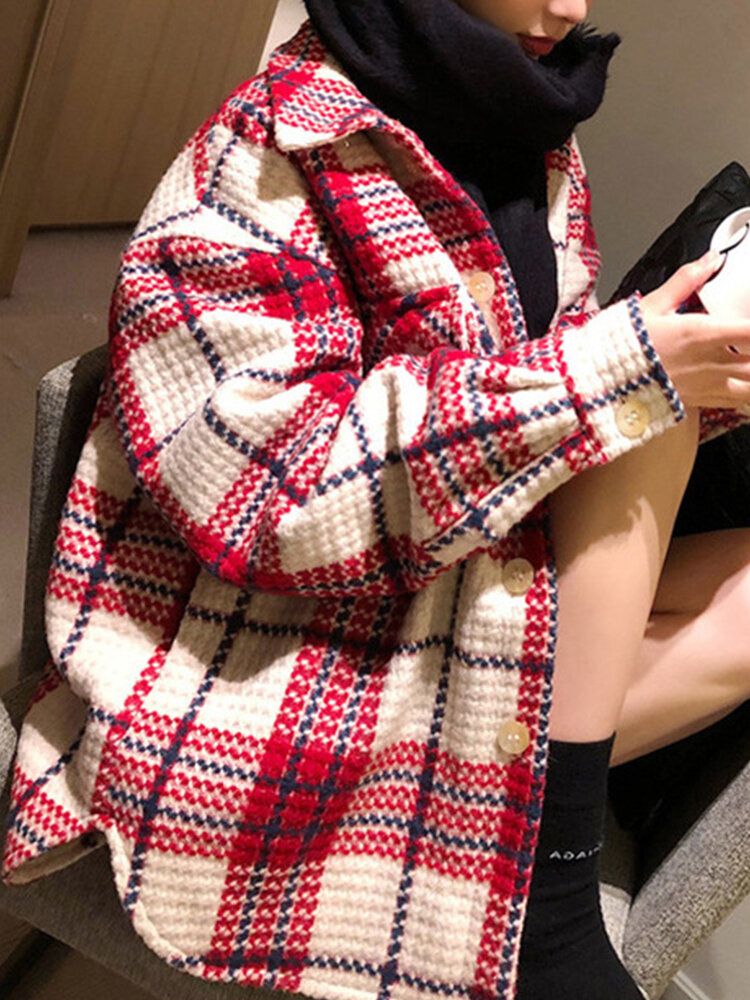 Femmes Plaid Warm Chest Double Pocket Long Sleeve Single-breasted Coats