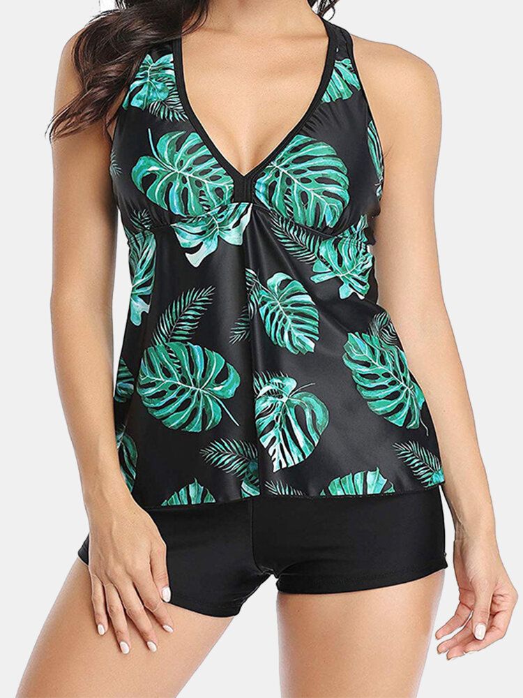 Femmes Plant Print Cover Belly Tankini Hawaii Holiday Swimwear