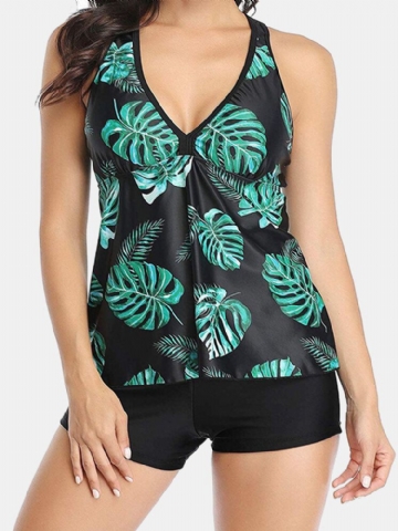 Femmes Plant Print Cover Belly Tankini Hawaii Holiday Swimwear