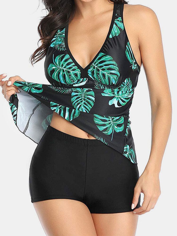 Femmes Plant Print Cover Belly Tankini Hawaii Holiday Swimwear