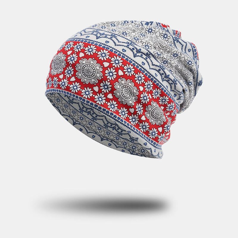 Femmes Plein Coton Non-allergène Baotou Chapeau Bavoir Mode Fleur Imprimé Automne Hiver Plus Velours Chaud Écharpe Bonnet Chapeau