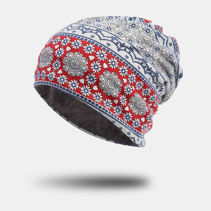 Femmes Plein Coton Non-allergène Baotou Chapeau Bavoir Mode Fleur Imprimé Automne Hiver Plus Velours Chaud Écharpe Bonnet Chapeau