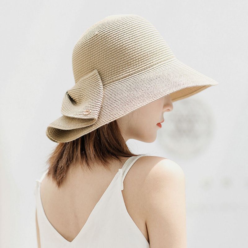 Femmes Pliable Arrière Fendu Conception Arc Chapeau De Paille Réglable Respirant Été Décontracté Sauvage Parasol Seau Chapeau