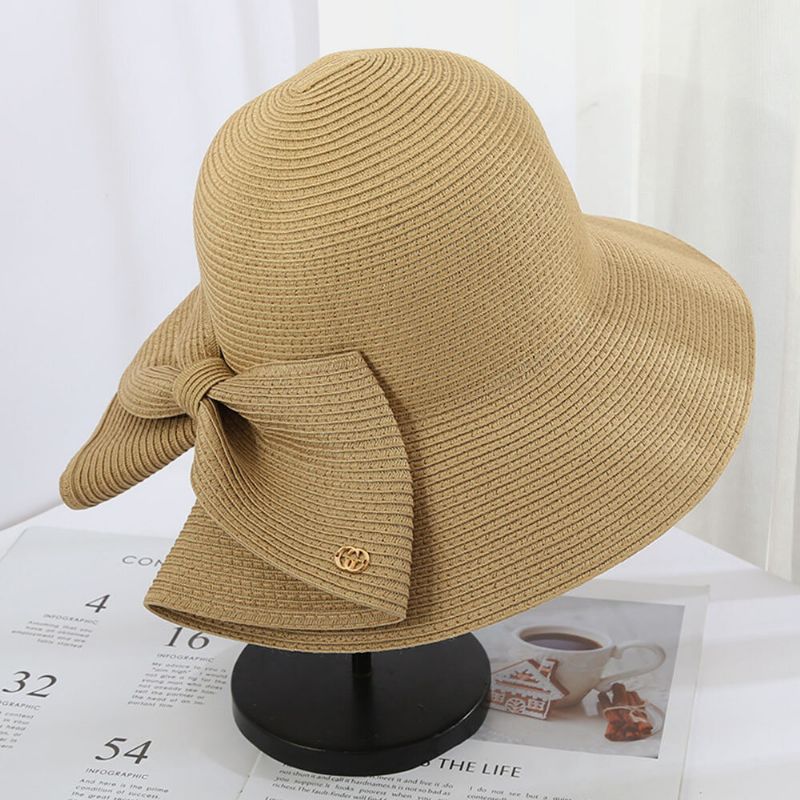 Femmes Pliable Arrière Fendu Conception Arc Chapeau De Paille Réglable Respirant Été Décontracté Sauvage Parasol Seau Chapeau