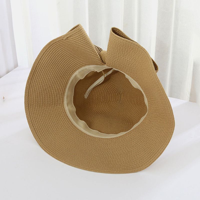 Femmes Pliable Arrière Fendu Conception Arc Chapeau De Paille Réglable Respirant Été Décontracté Sauvage Parasol Seau Chapeau