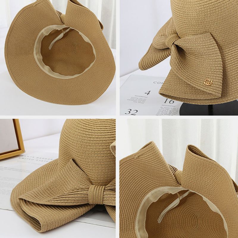 Femmes Pliable Arrière Fendu Conception Arc Chapeau De Paille Réglable Respirant Été Décontracté Sauvage Parasol Seau Chapeau