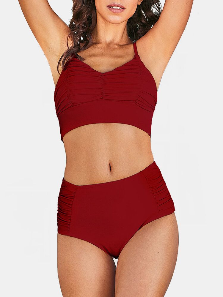 Femmes Plissée Sling Taille Haute Deux Pièces Solide Couleur Dos Nu Plage Maillots De Bain Bikinis