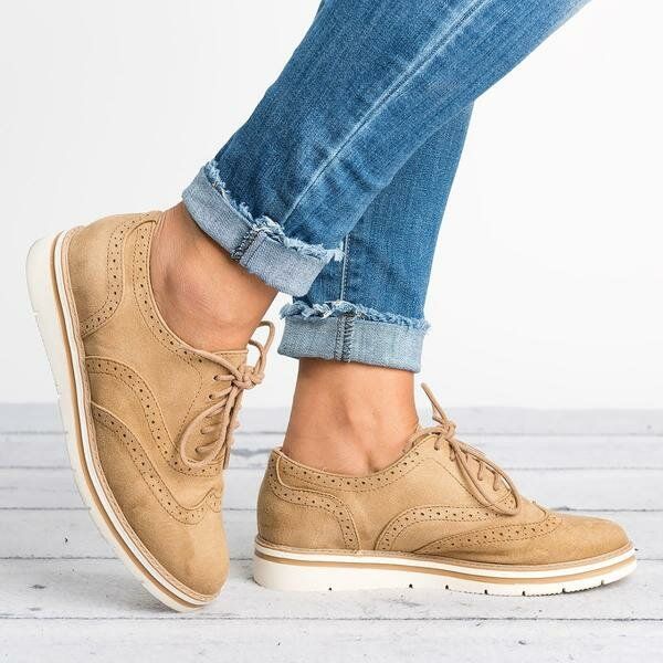 Femmes Plus Size Brogue Lace Up Soft Lace Up Casual Oxford Mocassins