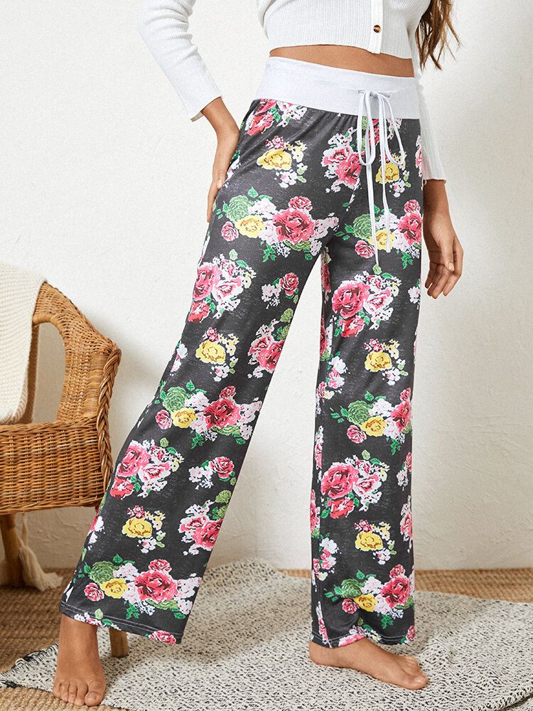 Femmes Plus La Taille Allover Fleurs Imprimer Cordon Taille Lâche Casual Maison Pyjama Pantalon