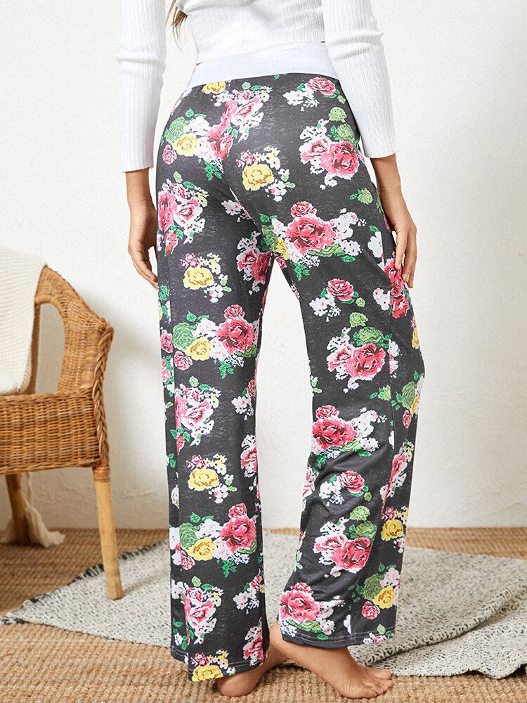 Femmes Plus La Taille Allover Fleurs Imprimer Cordon Taille Lâche Casual Maison Pyjama Pantalon