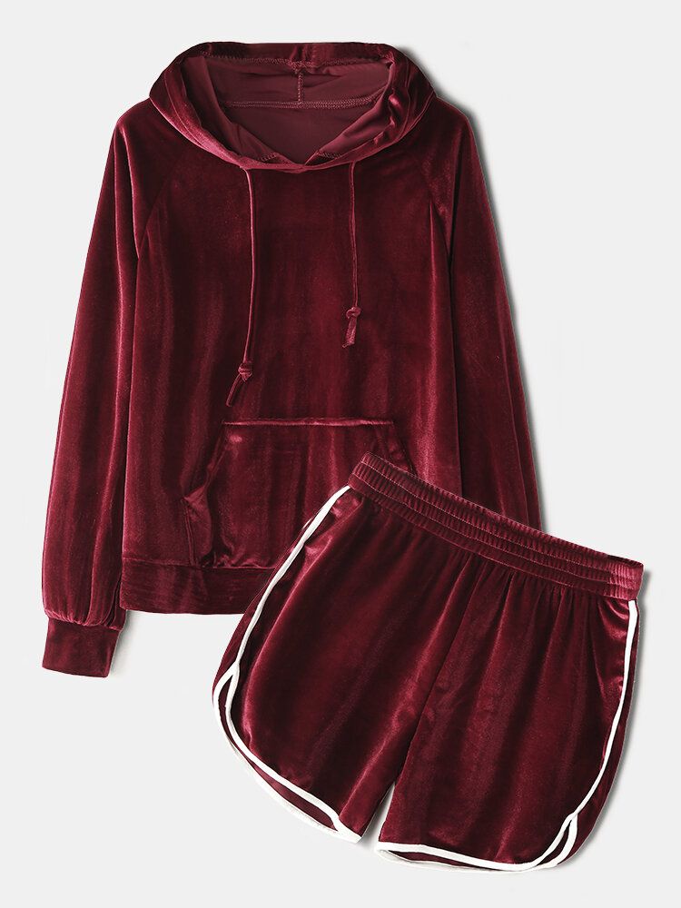 Femmes Plus La Taille Solide Velours Poche Kangourou À Capuche Short Lâche Maison Casual Pyjama Ensemble