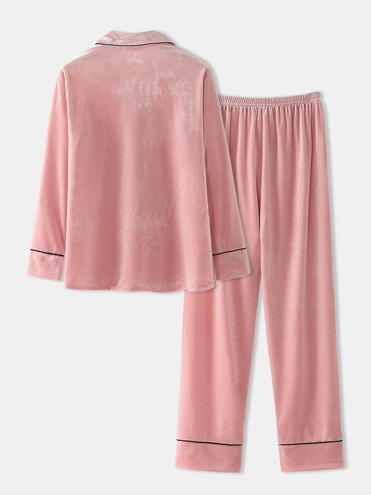 Femmes Plus La Taille Velours Bouton Revers Lâche Pantalon Droit Homewear Lounge Solide Pyjama Ensemble