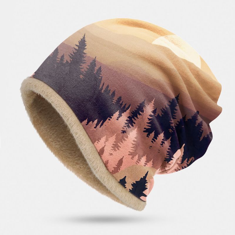 Femmes Plus Velvet Mountain Treetop Print Pattern Douce Personnalité Respirant Turban Cap Beanie