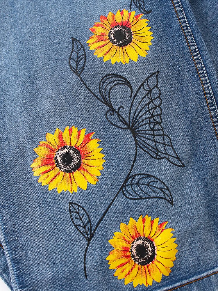 Femmes Poches Brodées De Fleurs Coupe Régulière Jeans Décontractés En Détresse