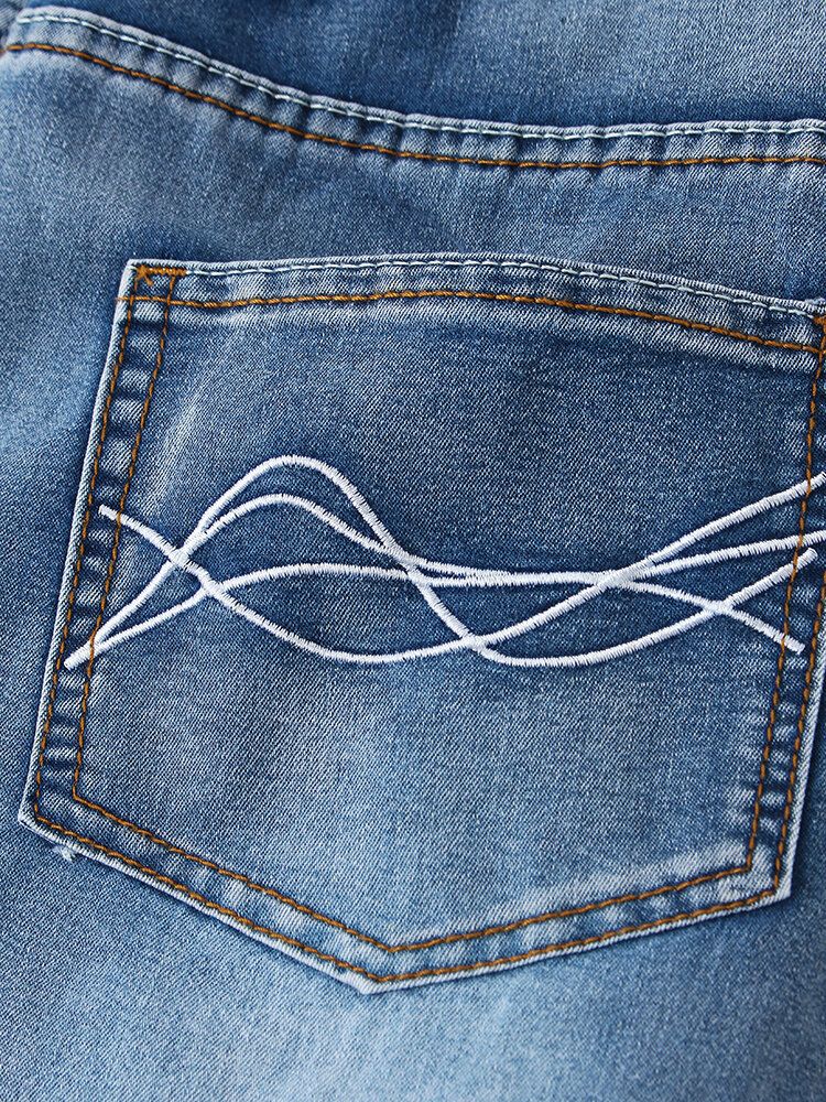 Femmes Poches Brodées De Fleurs Coupe Régulière Jeans Décontractés En Détresse