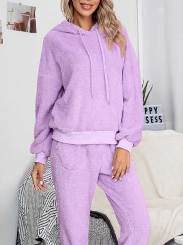 Femmes Polaire Épais Solide Couleur Pull À Capuche Jogger Pantalon Maison Casual Pyjama Ensemble