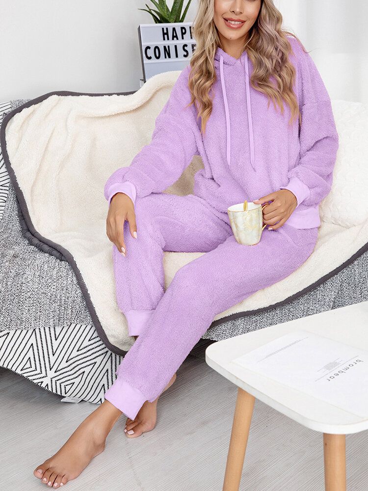 Femmes Polaire Épais Solide Couleur Pull À Capuche Jogger Pantalon Maison Casual Pyjama Ensemble