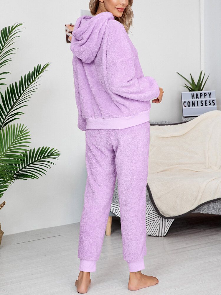 Femmes Polaire Épais Solide Couleur Pull À Capuche Jogger Pantalon Maison Casual Pyjama Ensemble