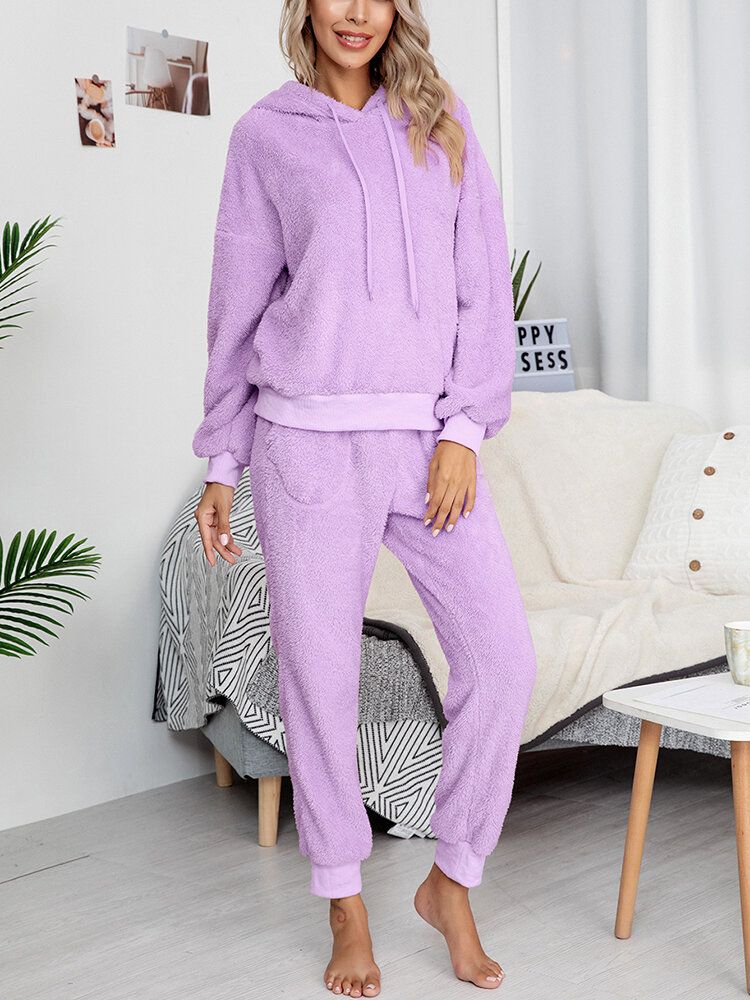 Femmes Polaire Épais Solide Couleur Pull À Capuche Jogger Pantalon Maison Casual Pyjama Ensemble