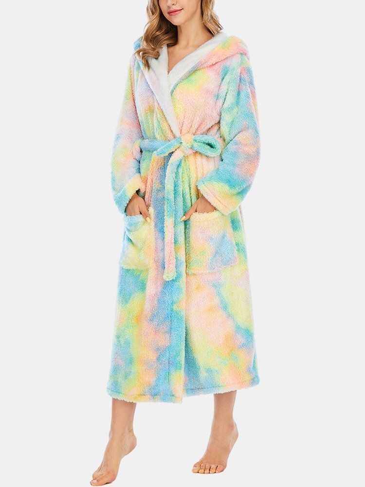 Femmes Polaire Tie Dye Double Poche À Manches Longues À Capuche Vêtements De Nuit Home Robes