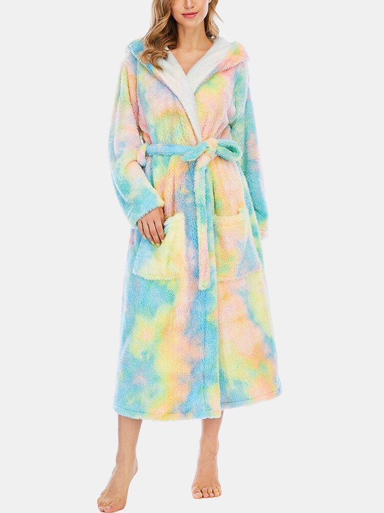 Femmes Polaire Tie Dye Double Poche À Manches Longues À Capuche Vêtements De Nuit Home Robes