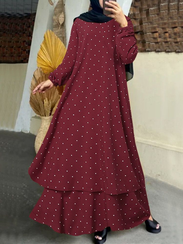 Femmes Polka Dot Kaftan Tunique Elasyic Cuff Buttons Floor Length Full Sleeve O-cou Midi Robes