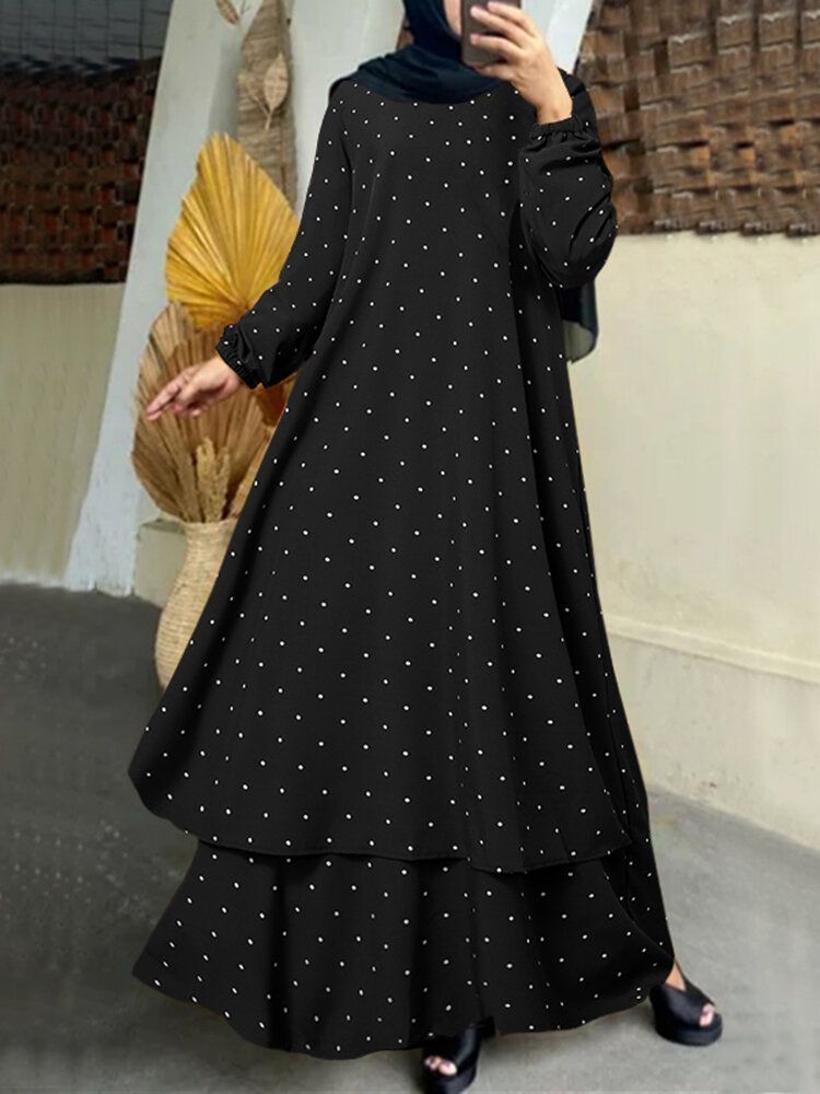 Femmes Polka Dot Kaftan Tunique Elasyic Cuff Buttons Floor Length Full Sleeve O-cou Midi Robes