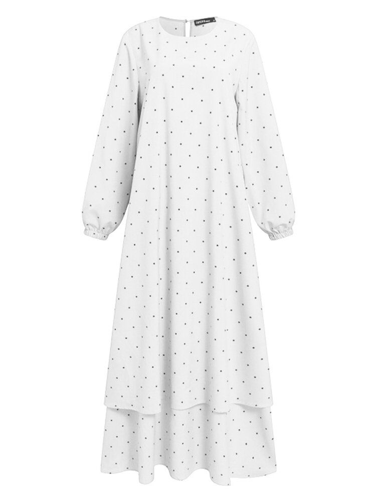 Femmes Polka Dot Kaftan Tunique Elasyic Cuff Buttons Floor Length Full Sleeve O-cou Midi Robes