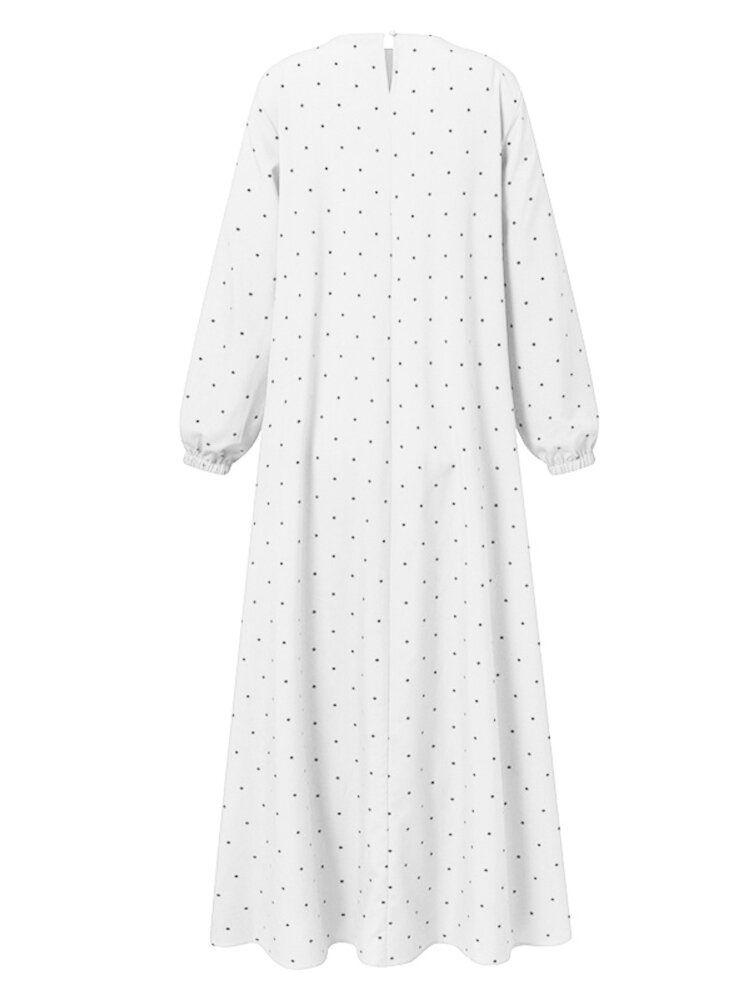 Femmes Polka Dot Kaftan Tunique Elasyic Cuff Buttons Floor Length Full Sleeve O-cou Midi Robes