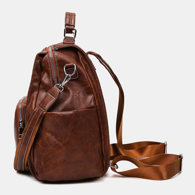 Femmes Pu Cuir Grande Capacité Multi-poches Rétro Messenger Sac À Dos Sac À Bandoulière Sac À Bandoulière