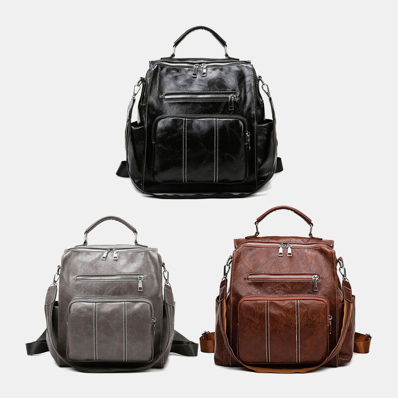 Femmes Pu Cuir Grande Capacité Multi-poches Rétro Messenger Sac À Dos Sac À Bandoulière Sac À Bandoulière