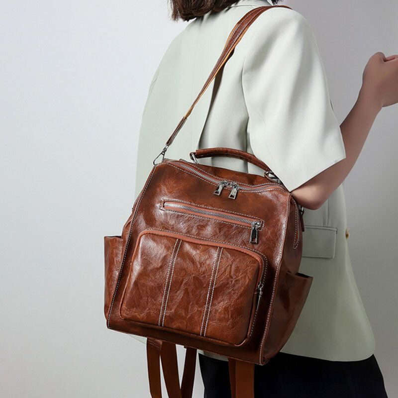 Femmes Pu Cuir Grande Capacité Multi-poches Rétro Messenger Sac À Dos Sac À Bandoulière Sac À Bandoulière