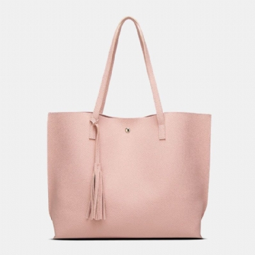 Femmes Pu Cuir Lychee Motif Grande Capacité Casual Gland Solide Fourre-tout Sac À Bandoulière Sac À Main