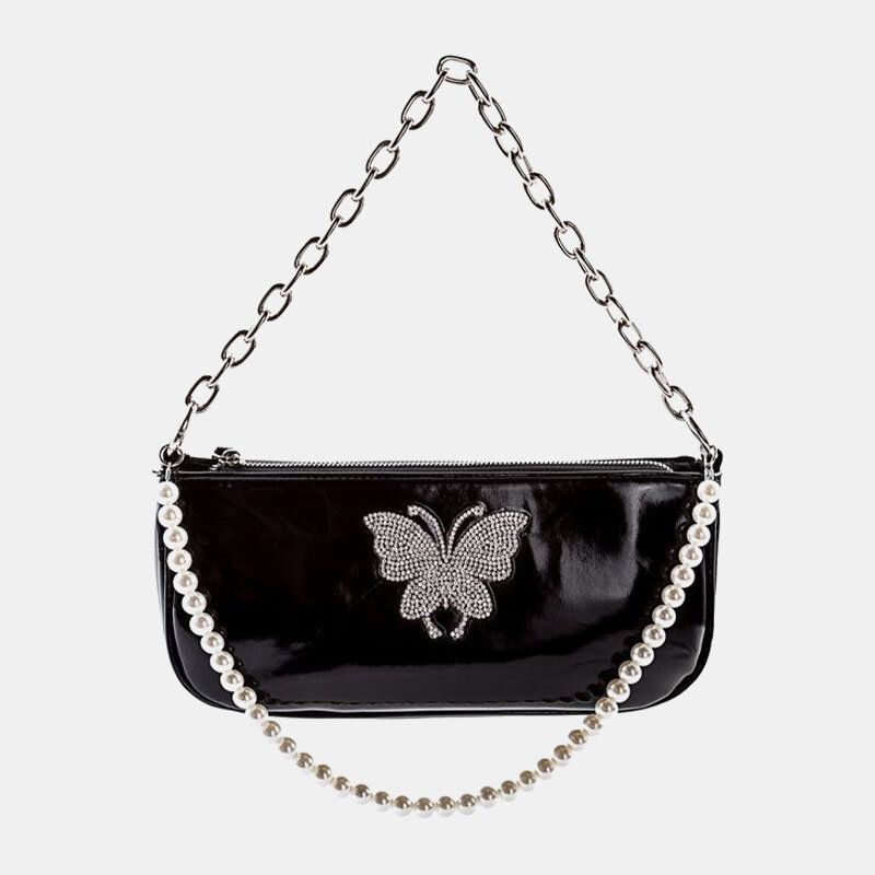 Femmes Pu Cuir Perles Strass Chaîne Papillons Motif Petit Sac Carré Sac À Main Sac À Bandoulière