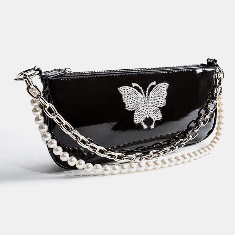 Femmes Pu Cuir Perles Strass Chaîne Papillons Motif Petit Sac Carré Sac À Main Sac À Bandoulière