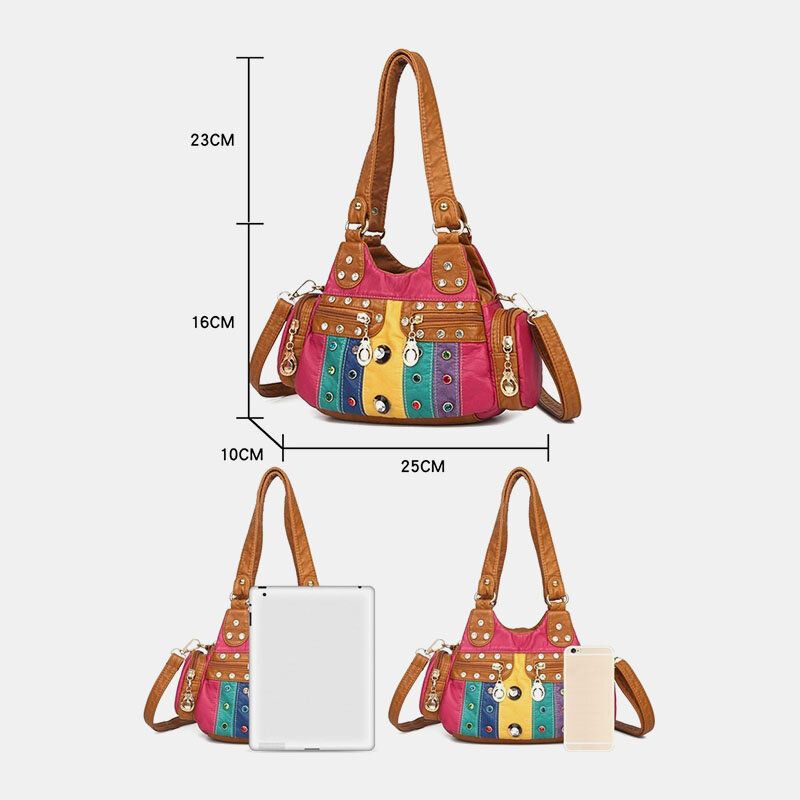 Femmes Pu Cuir Strass Patchwork Étanche Vintage Sac À Bandoulière Sac À Main Fourre-tout Sacs À Bandoulière