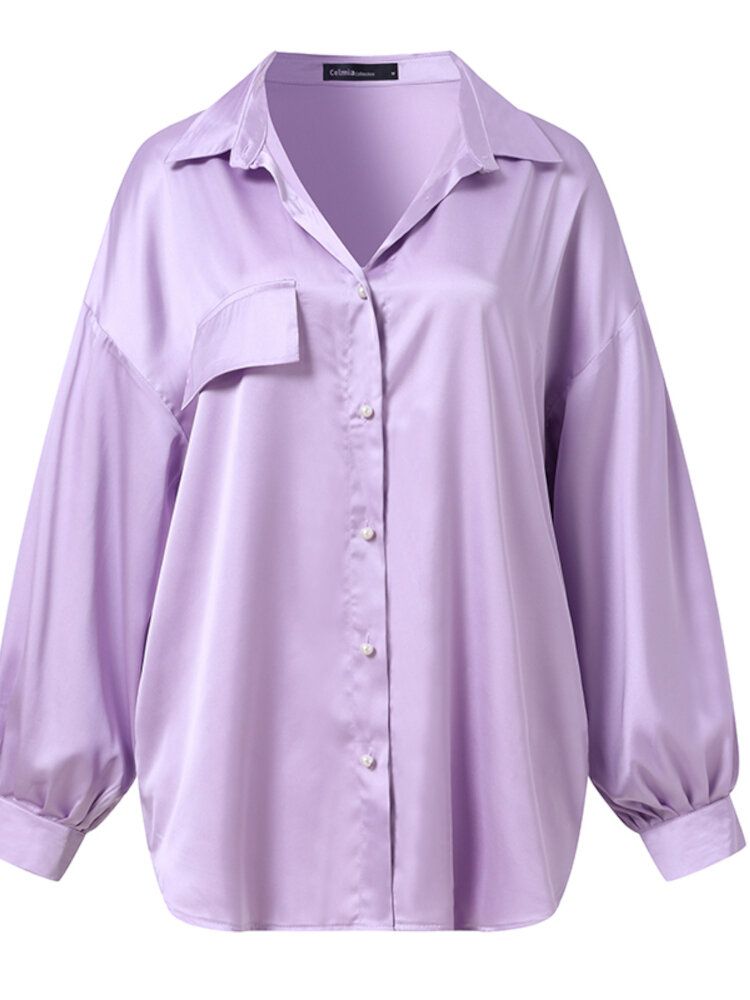 Femmes Puff Sleeve Revers Flap Lantern Sleeve Button Décoration Pocket Shirts